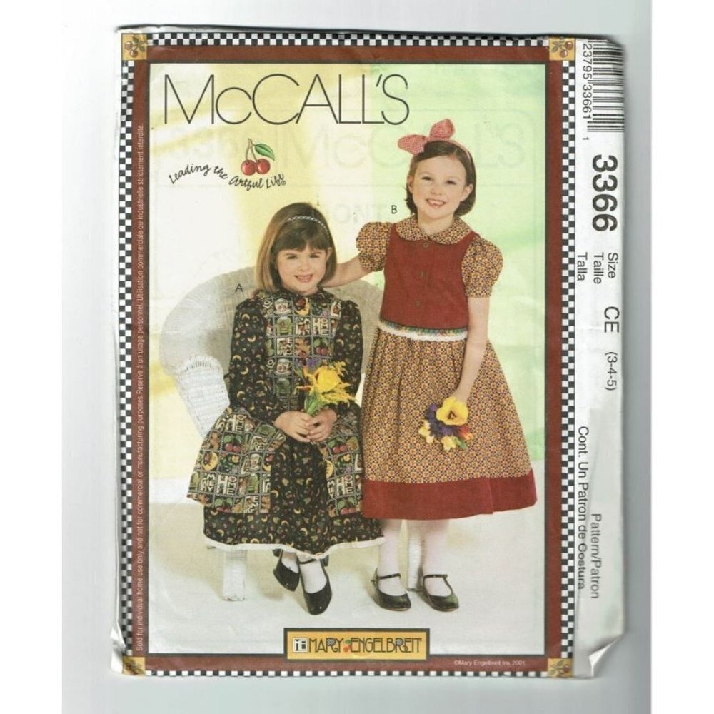 McCall's Sewing Pattern 3366 Girls Dresses Pinafore Vest Size 3-5